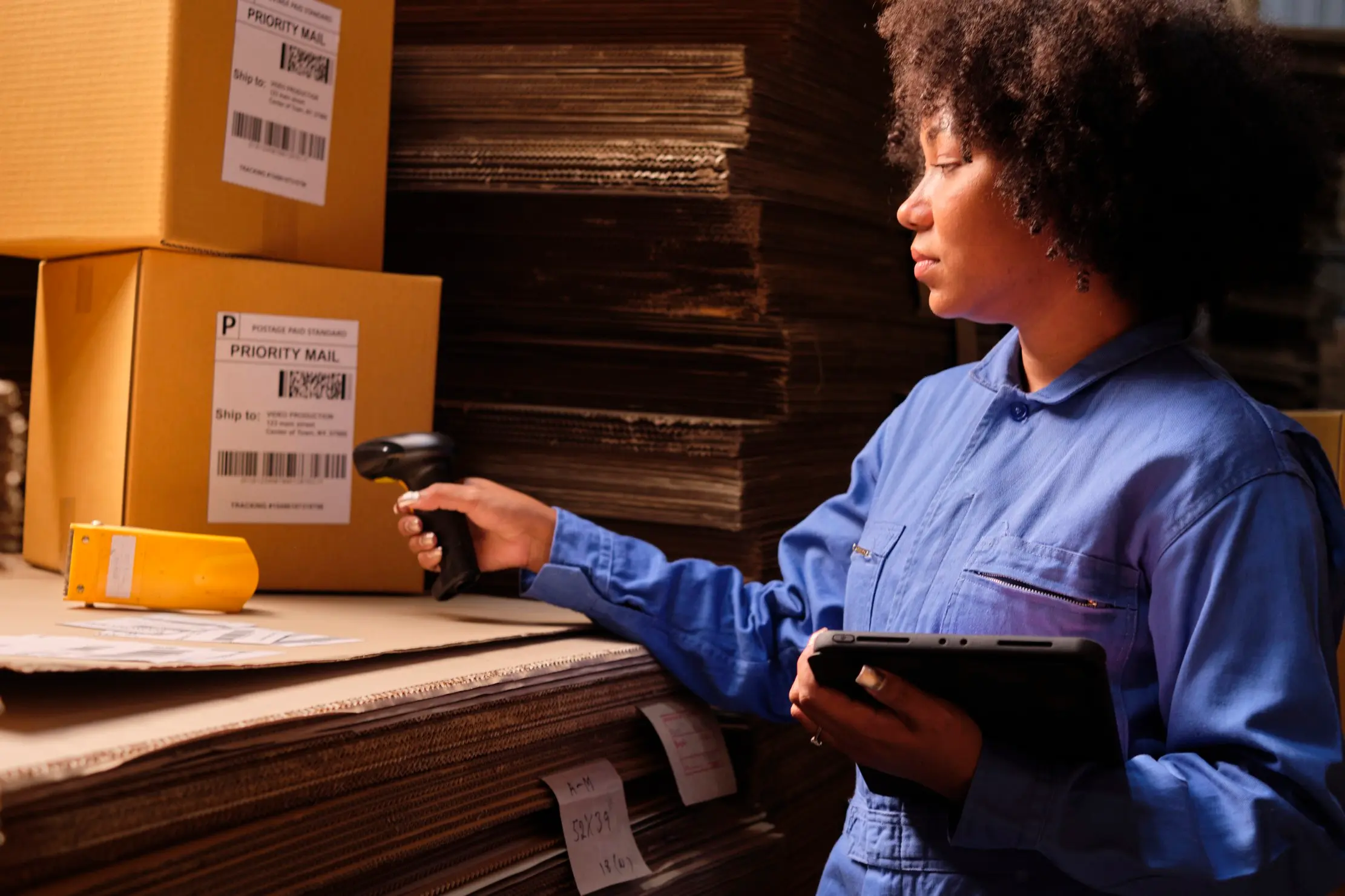 Worker scanning a delivery at receiving before stock is accepted into inventory