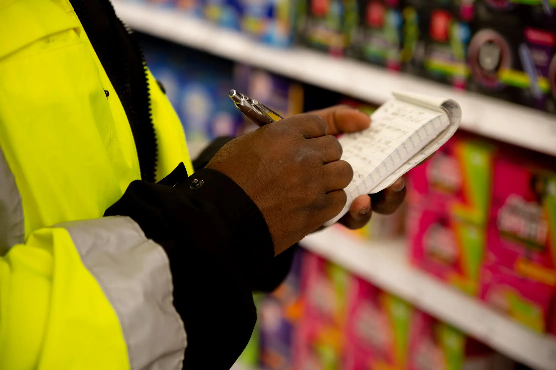 Stock reviewer recording observations beside stocked shelves during a routine check