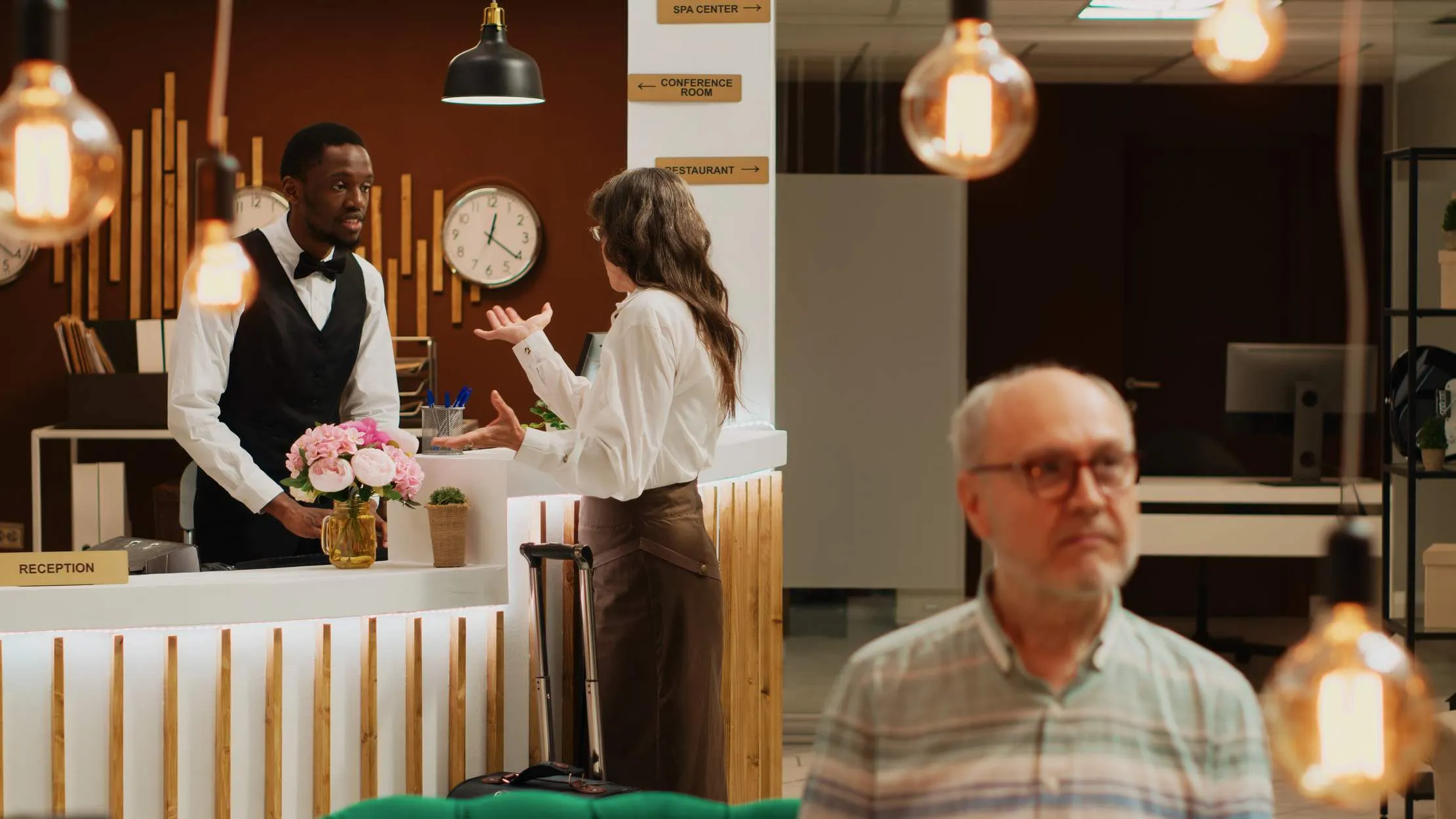Hotel front desk agent using Maduuka hotel management system to check in a guest