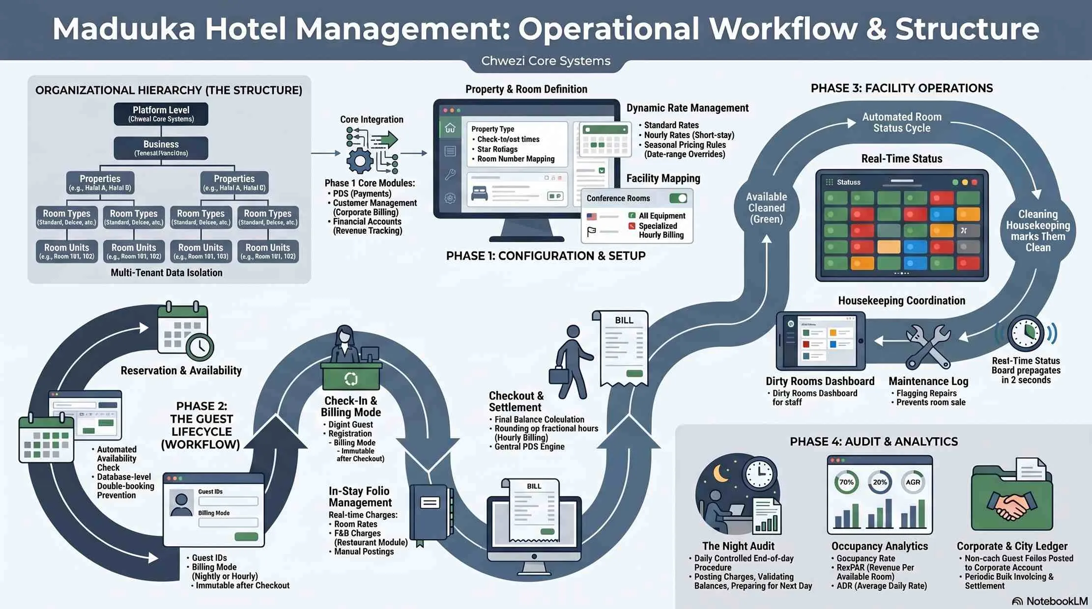 Hotel management workflow infographic showing how Maduuka connects reservations, front desk, housekeeping, folios, restaurant charges, night audit, and reporting
