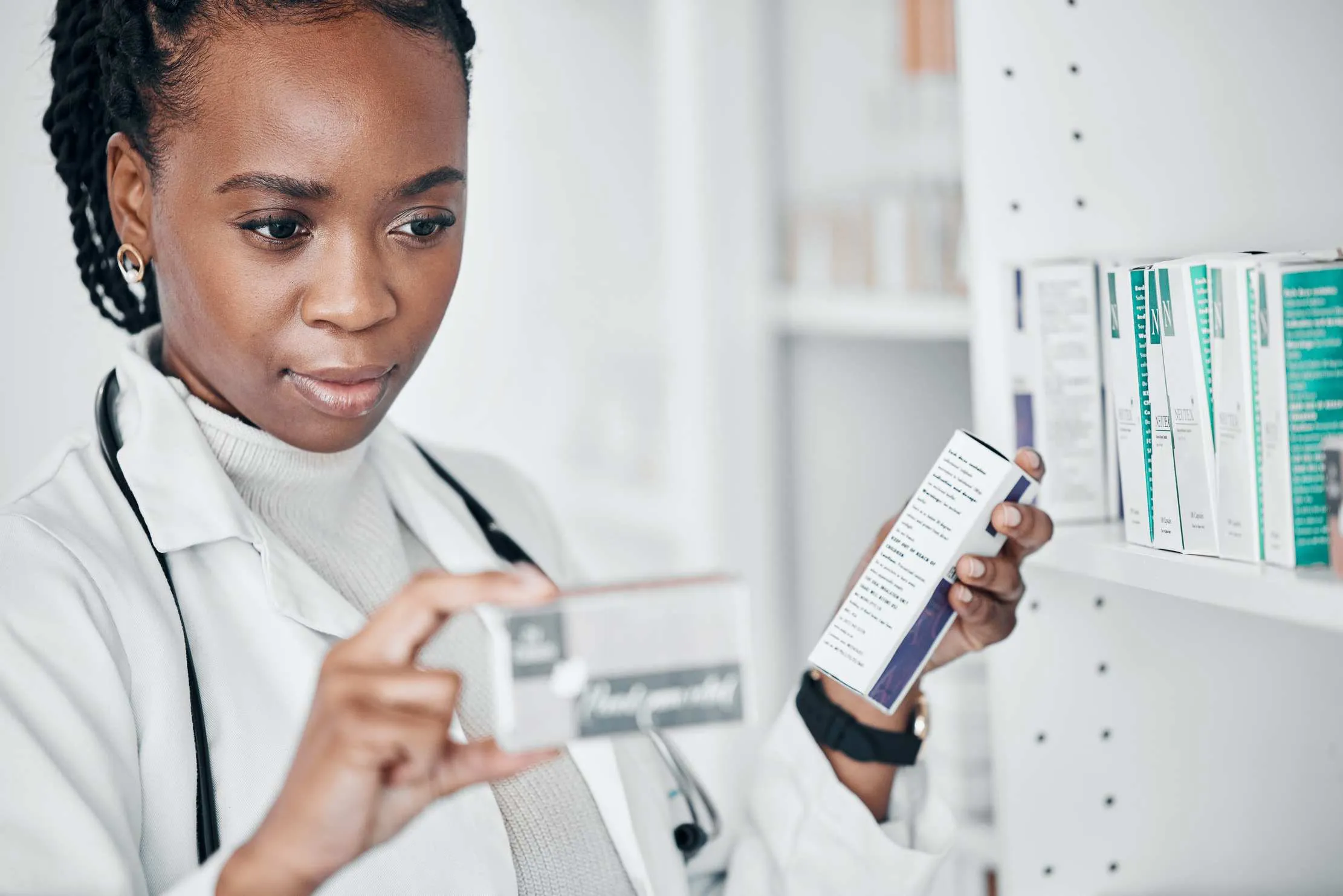 Pharmacy counter interaction showing medicine handover and guided customer service