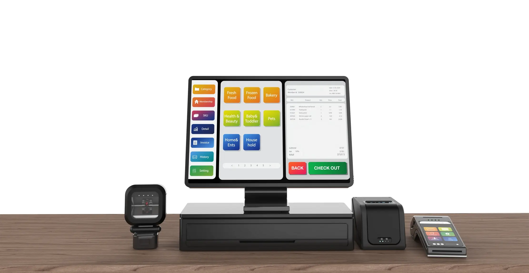 Point-of-sale terminal, receipt printer, barcode scanner, and card reader on a retail counter