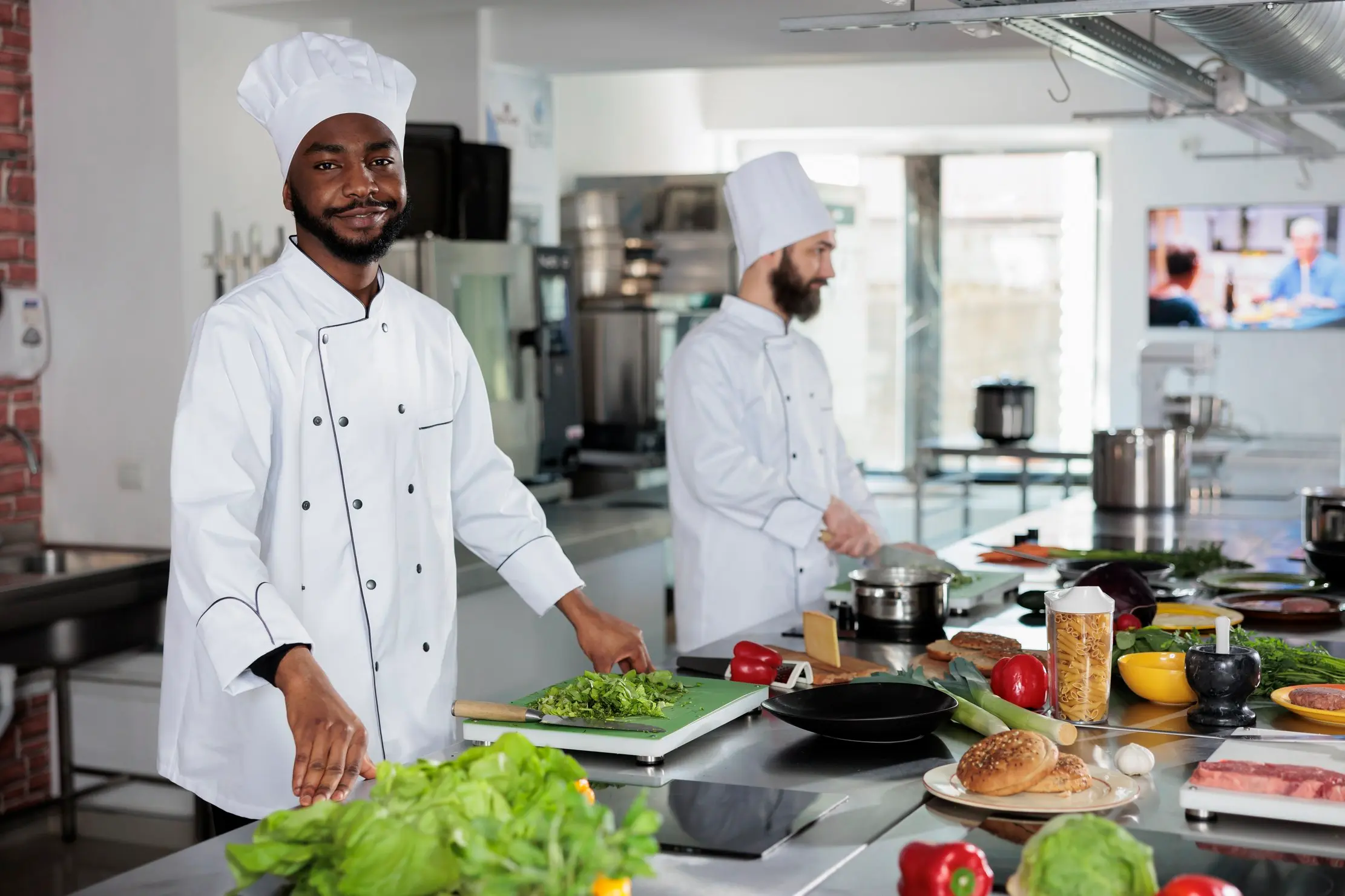 Kitchen team preparing measured ingredients for restaurant dishes