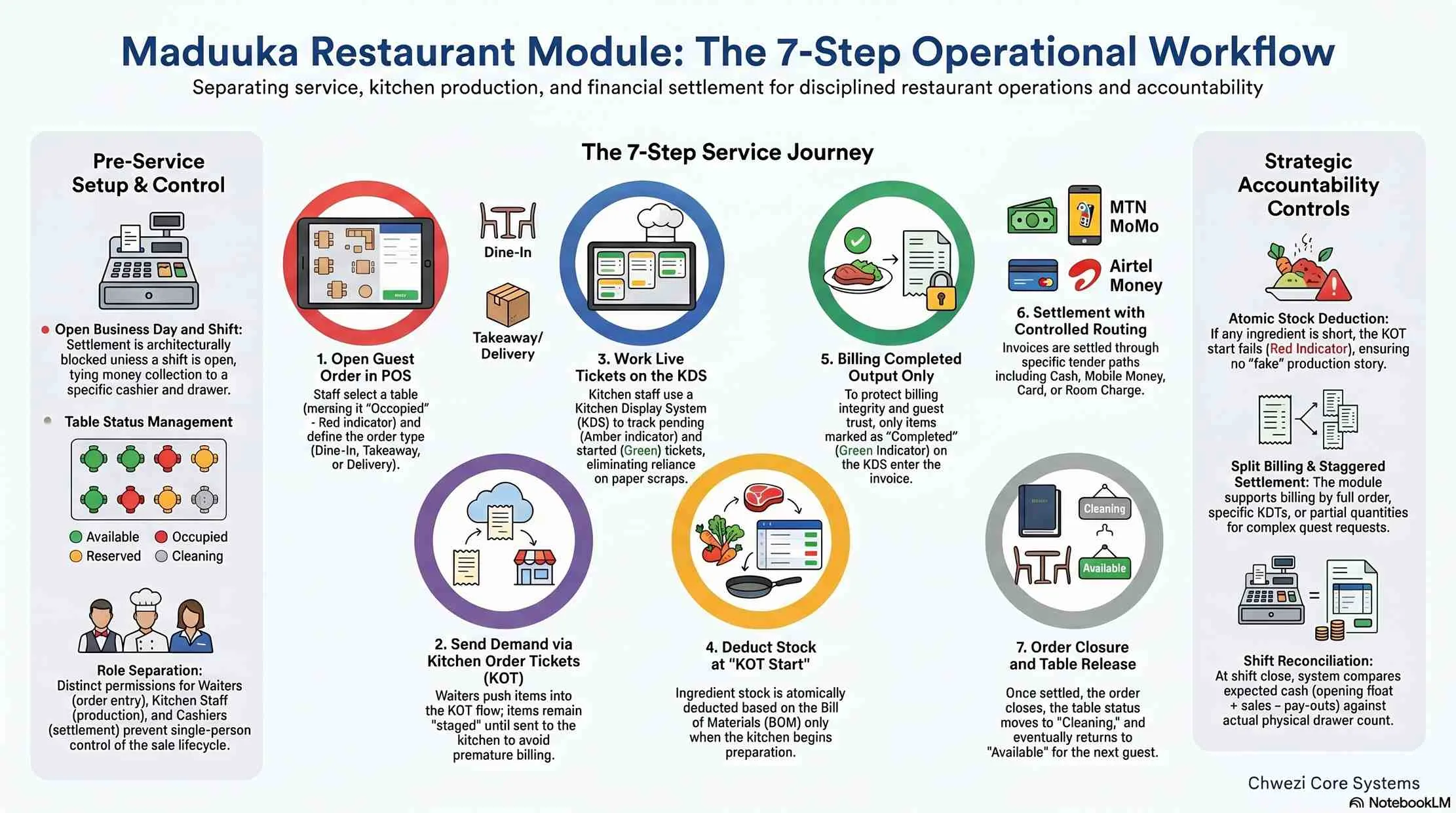 Restaurant operations workflow infographic showing how Maduuka connects order capture, kitchen production, billing, payment, and reporting