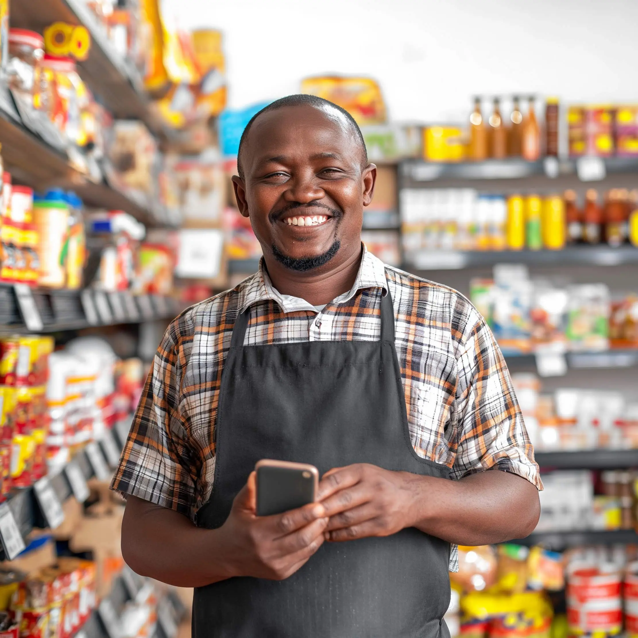 Shop owner using a phone in a stocked retail shop, illustrating Maduuka retail POS and inventory workflows