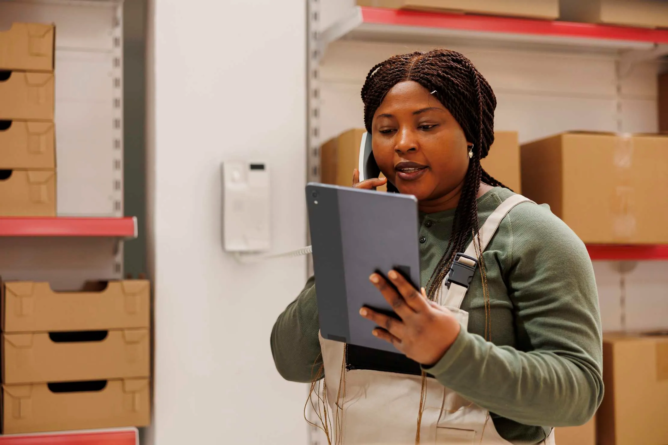 Storehouse supervisor checking inventory and online orders while speaking with a remote manager