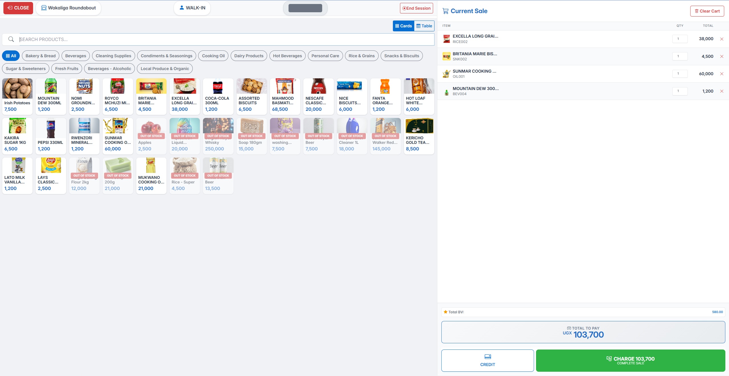 Maduuka Point of Sale interface showing product grid and cart
